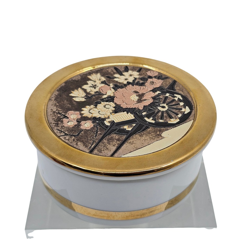 Chokin Japanese Porcelain 24k Gold Trim Flowers Trinket Jewelry Box